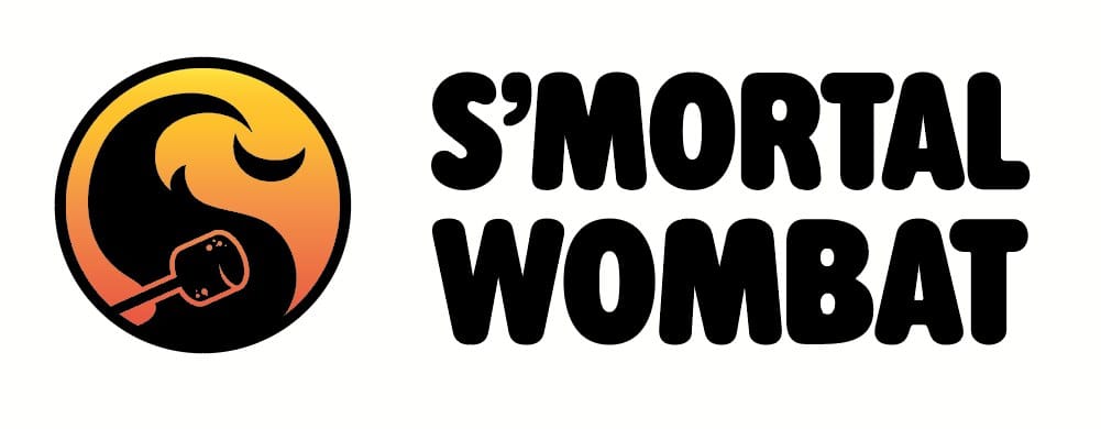 A logo with an orange and black circular design featuring an "S" shape and a marshmallow on a stick, next to the bold, black text "S'MORTAL WOMBAT.