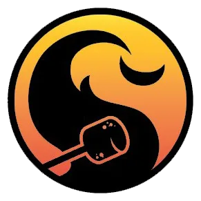 A round logo with a gradient orange and yellow background featuring a stylized black swirl and a black pizza peel in the lower left corner.