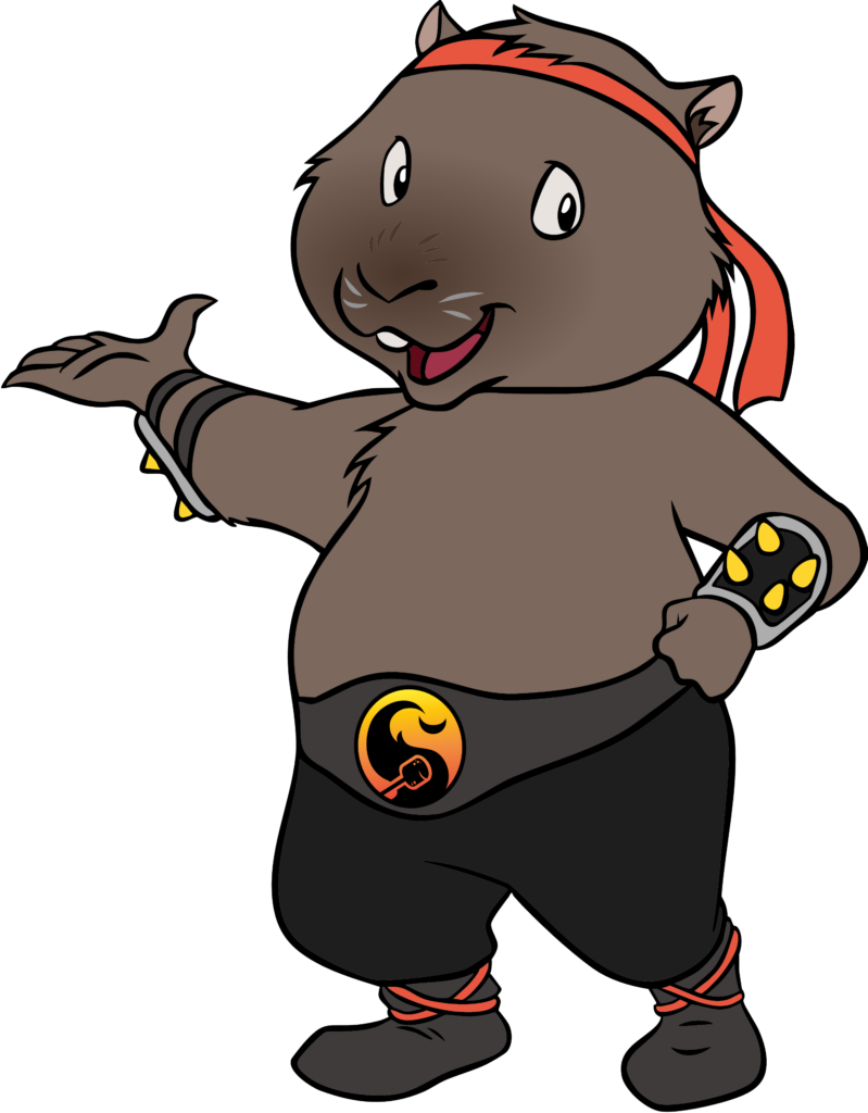 A cartoon wombat wearing a red headband, black pants, wristbands with yellow dots, and a black belt with a yellow buckle, standing upright and gesturing with one hand.