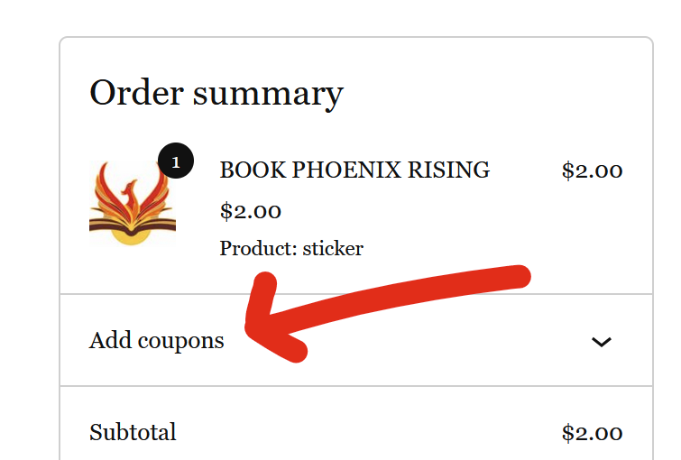 image of checkout page with red arrow pointing to "add coupons"