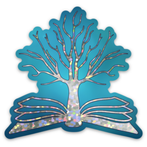 A stylized illustration of a tree with bare branches growing from an open book, both outlined in blue with a holographic hexagonal pattern filling the trunk and book, set against a gradient blue background.
