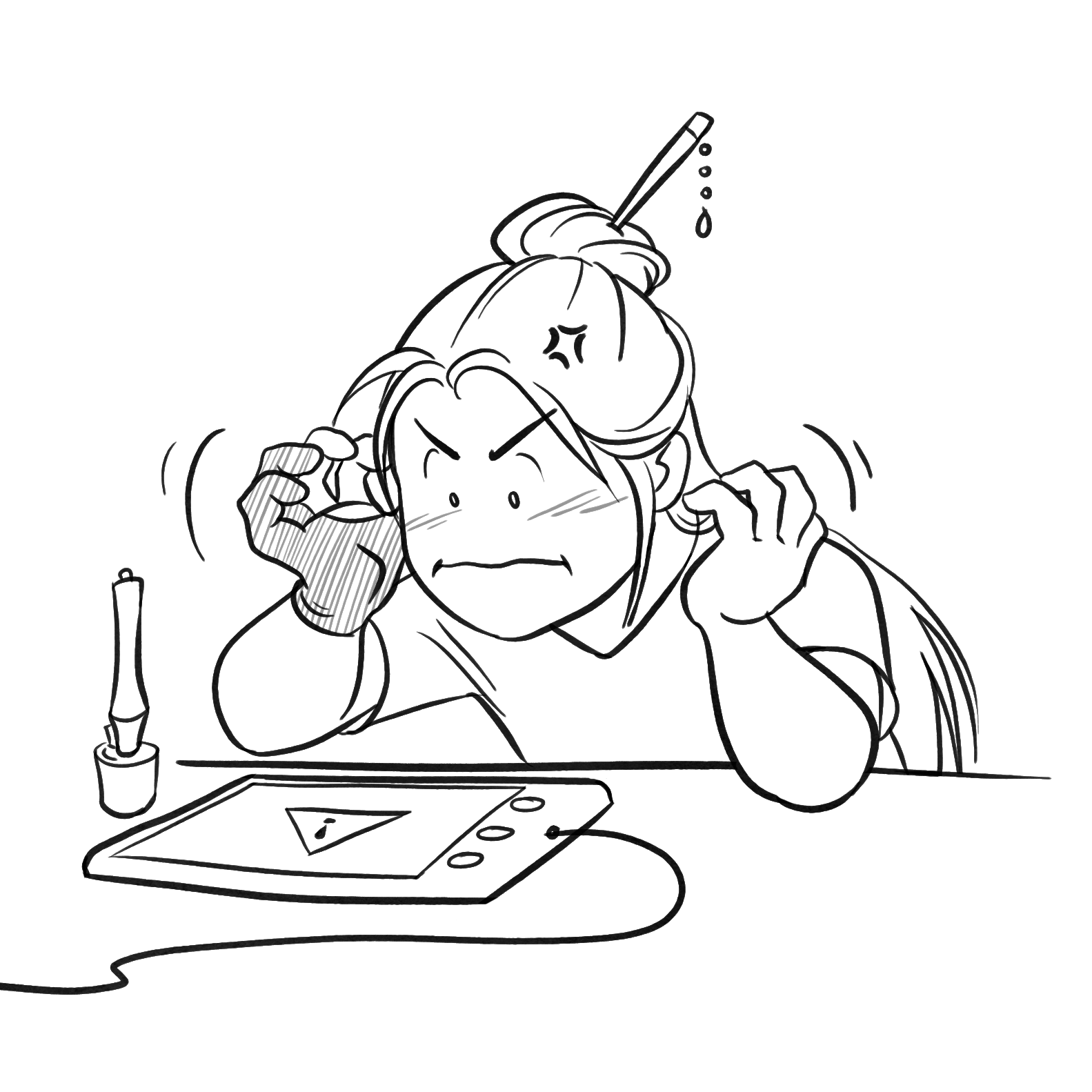 A person with a pencil in their hair looks frustrated while talking on the phone and using a pen on a tablet. Their eyebrows are furrowed and one hand is clenching their hair. The tablet is on a desk.