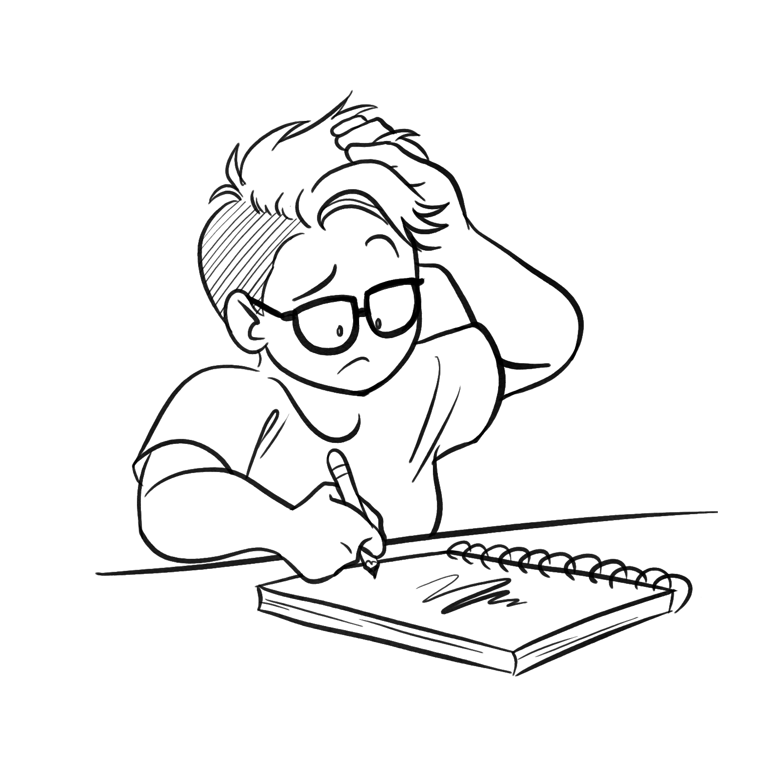 A person with short hair and glasses sits at a table, holding a pencil and scratching their head with a concerned expression while looking at a sketchbook with scribbles.