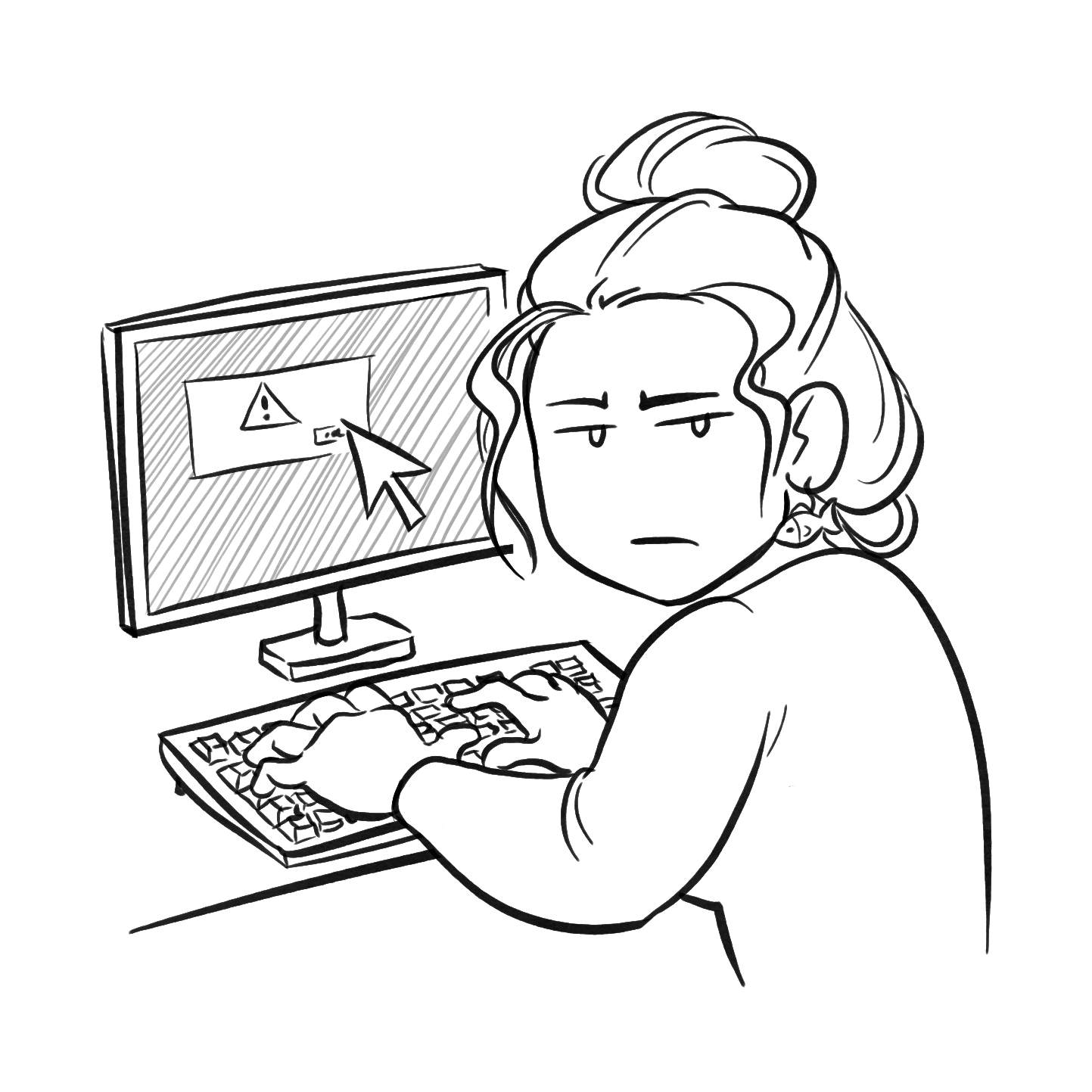 A person with a bun sits at a computer, typing on a keyboard and looking back with an unimpressed expression. The monitor displays an error message with a warning triangle and a large cursor pointing at it.