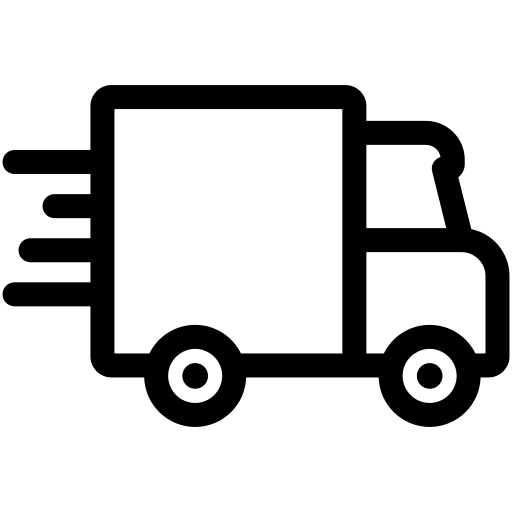 A black and white line drawing of a delivery truck with motion lines behind it, indicating movement or fast delivery.
