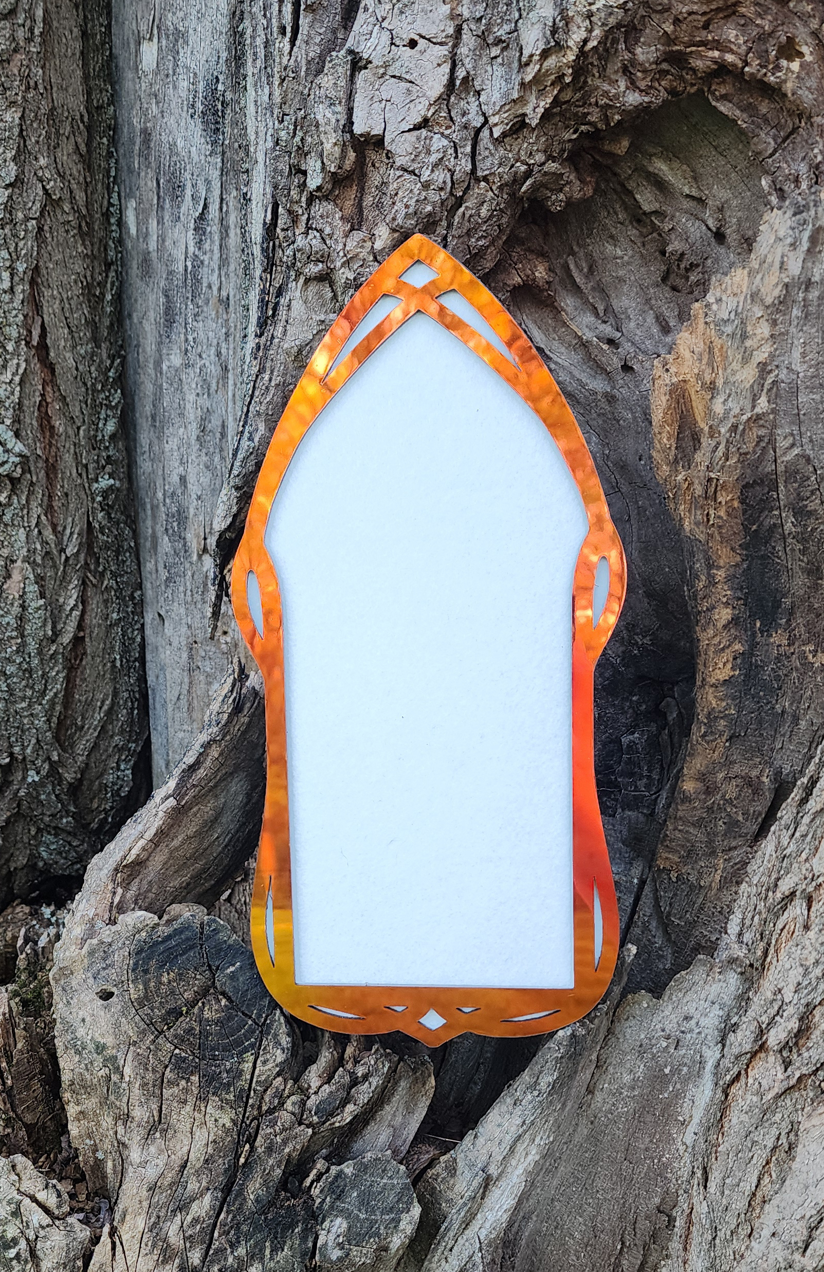 An orange-green shifting, pointed, arch-shaped frame with a white center is placed against a rough, textured tree trunk with visible bark and knots.