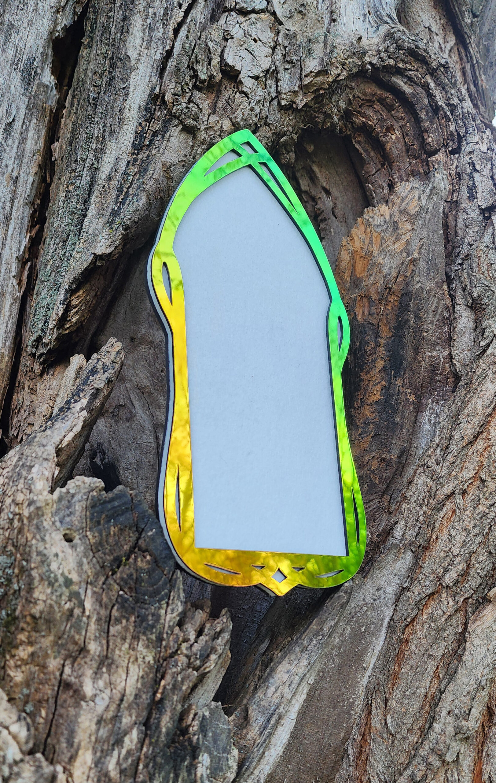 An orange-green shifting, pointed, arch-shaped frame with a white center is placed against a rough, textured tree trunk with visible bark and knots.