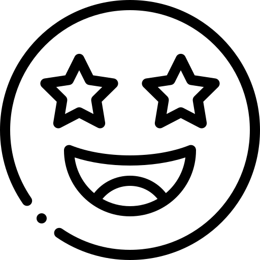 Black and white line drawing of a smiling face with wide open mouth and star-shaped eyes, resembling an emoji expressing excitement or amazement.