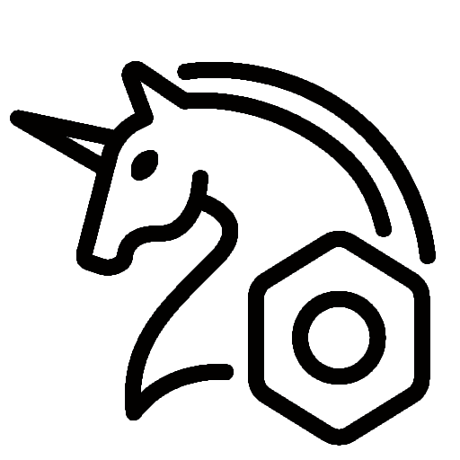 Black outline icon of a unicorn head facing left, with a large hexagonal nut symbol overlapping the lower right side of the unicorn’s neck, on a light background.