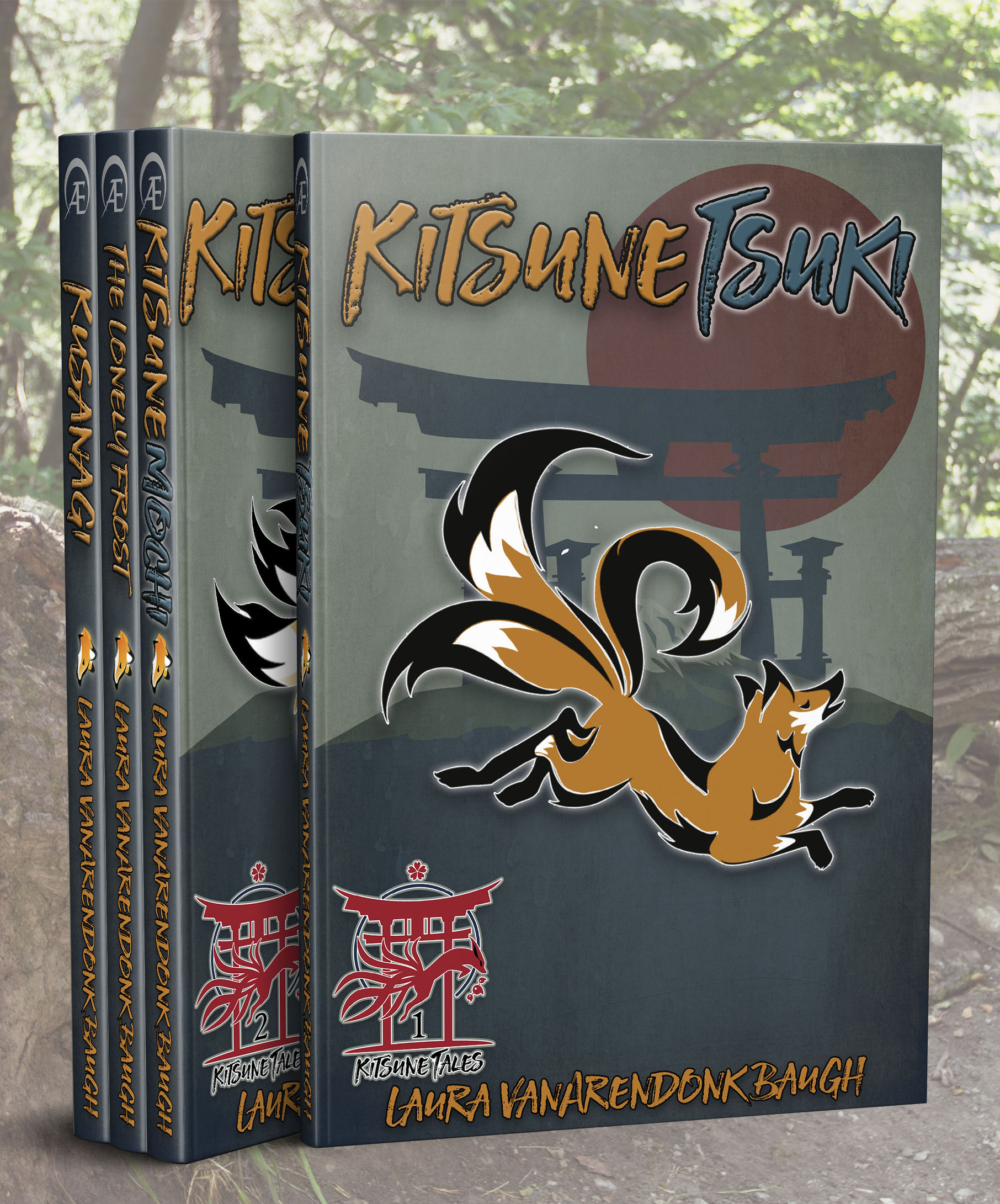 Four books from the "Kitsune Tales Collection" are displayed. Their covers depict a stylized multi-tailed fox with a red torii gate and forest backdrop.