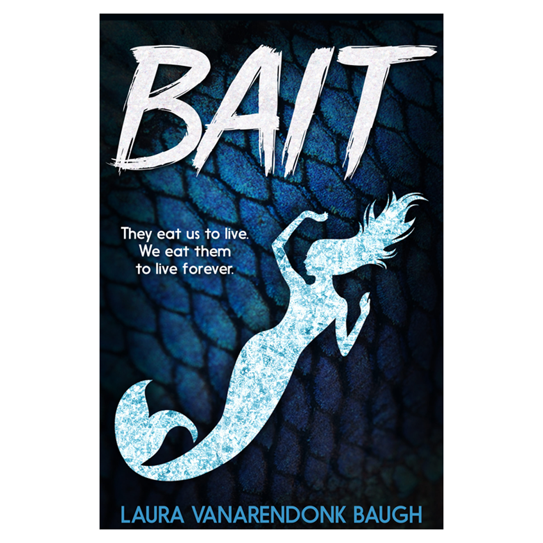 Book cover for "Corvid Stories" featuring a white mermaid silhouette on a dark blue fish-scale background. Text reads: "They eat us to live. We eat them to live forever.