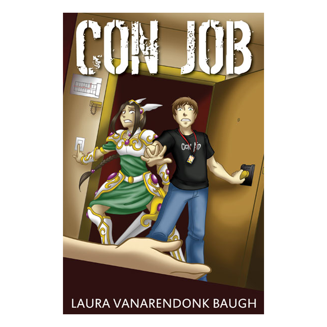 Book cover for Con Job shows a startled person in fantasy costume and another in casual clothes by a doorway, with an outstretched hand in the foreground.