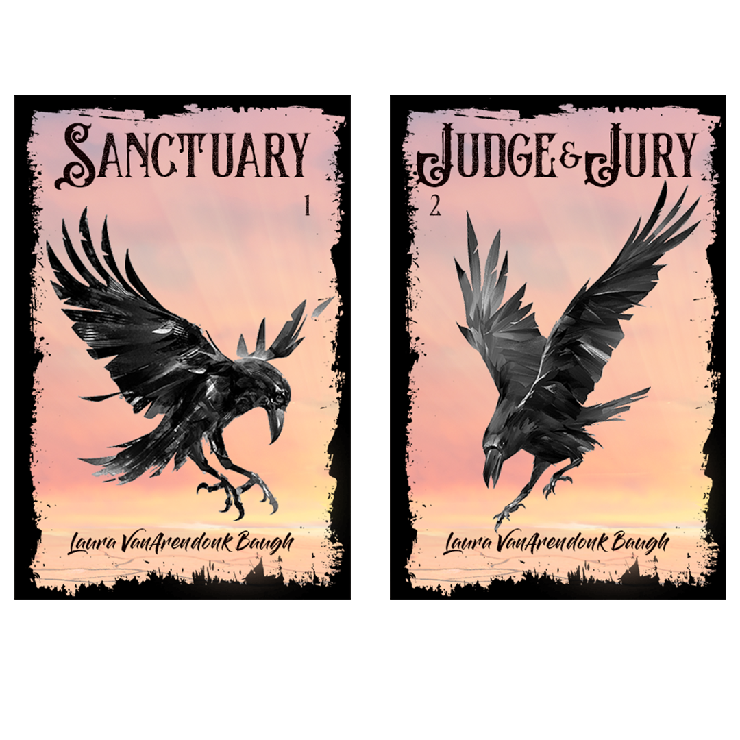 Two book covers for "Corvid Stories" are shown side by side, each displaying a black bird in flight against a peach and purple sky. The author's name, Laura VanArendonk Baugh, appears on both covers.