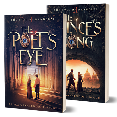 The Eyes of Mandoral set includes two fantasy novels by Laura VanArendonk Baugh, each with illustrated covers depicting two figures in ancient, arch-lined architecture at sunset.