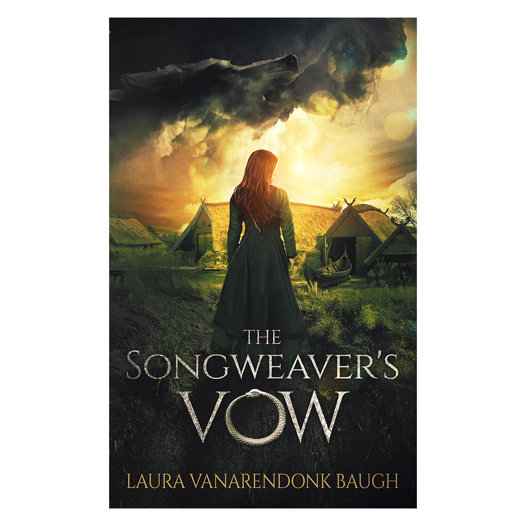 A woman with long red hair stands facing a small village of thatched-roof houses at sunset, with dramatic clouds and a large shadowy figure above. The cover title reads "The Songweaver’s Vow" by Laura VanArendonk Baugh.